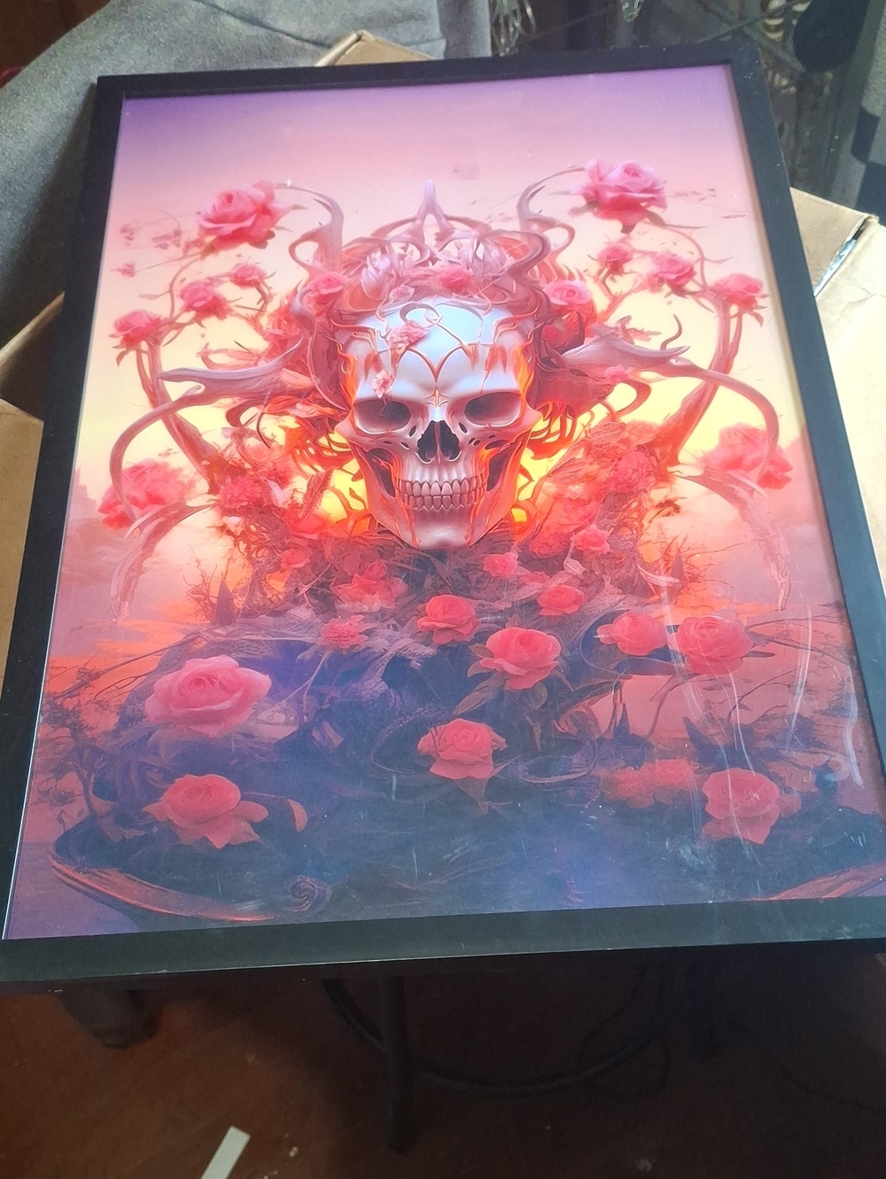 Skull & Roses Digital Art Print - Pink Gradient